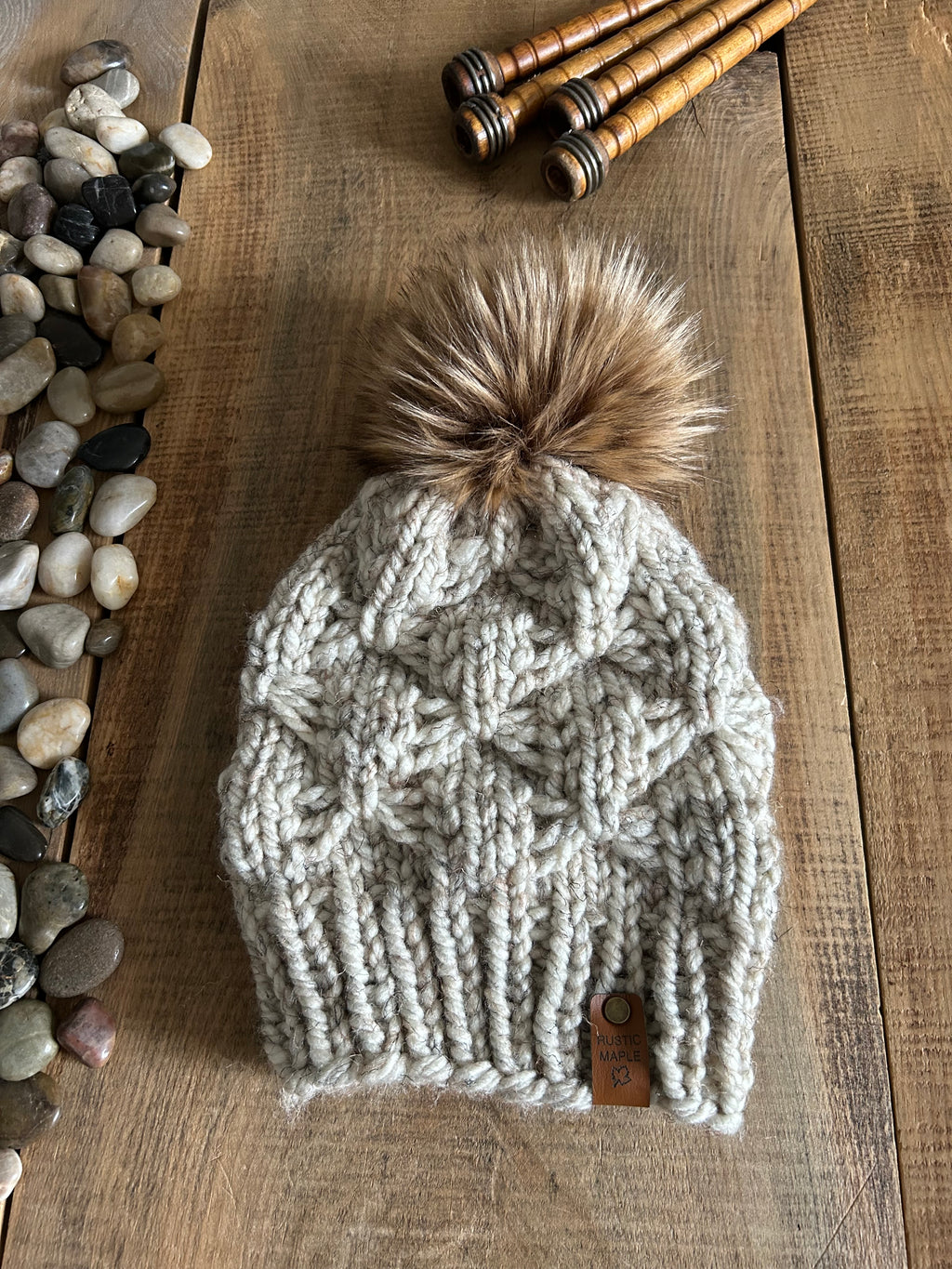 Driftwood Ready to Ship Toque with Faux Fur Pompom Wheat