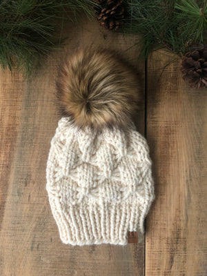 Driftwood Fisherman Cream Ready to Ship Toque with Faux Fur Pompom