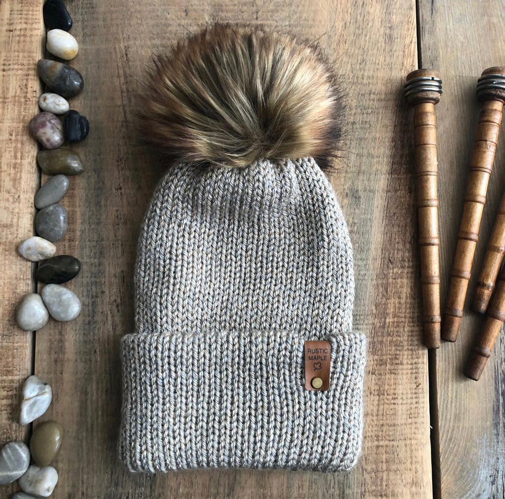 Murphy Point Vegan Acrylic Toque Non-Wool Beanie Folded Brim Removable Faux Fur Pom Taupe