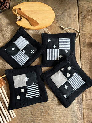Coasters Quilted Fabric Set of 4 Black Grey Tan Mix