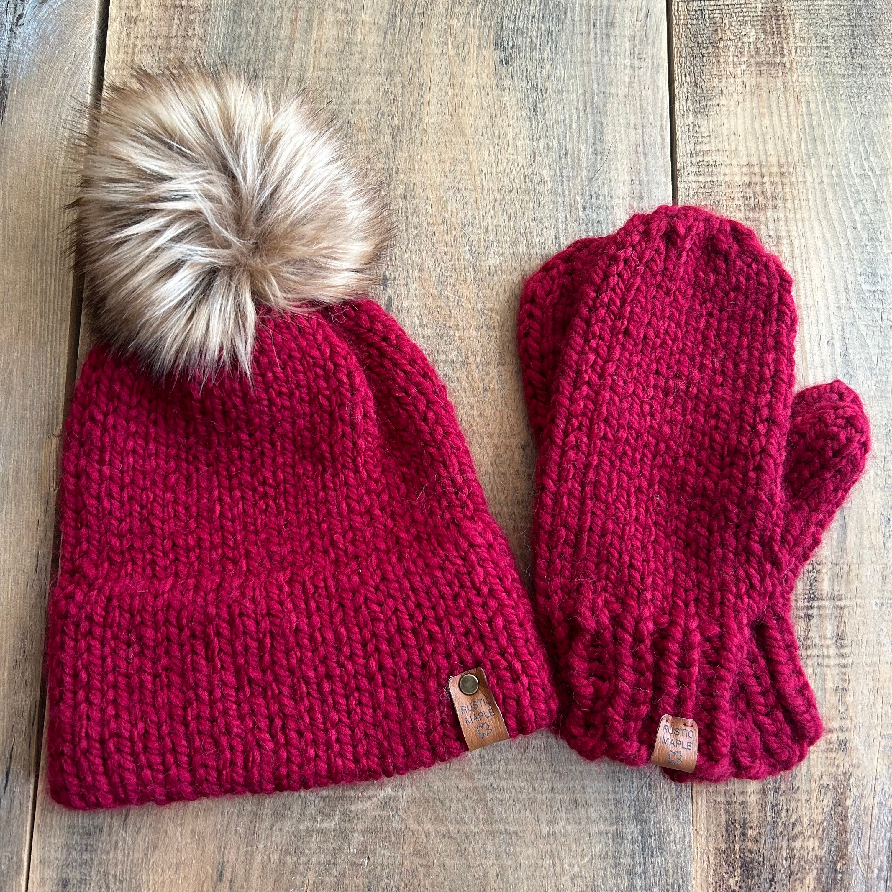 Pinery Double Brim and Algonquin Large Mittens Set Cranberry Red