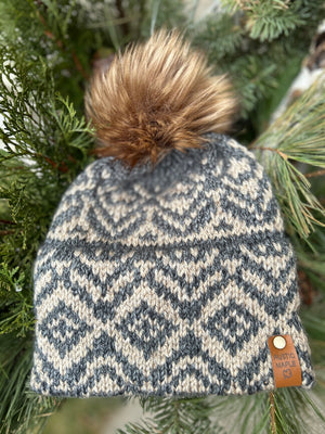Adventure Knit Hat Vegan Non-wool Double Brim Fair Isle Toque Charcoal and Taupe