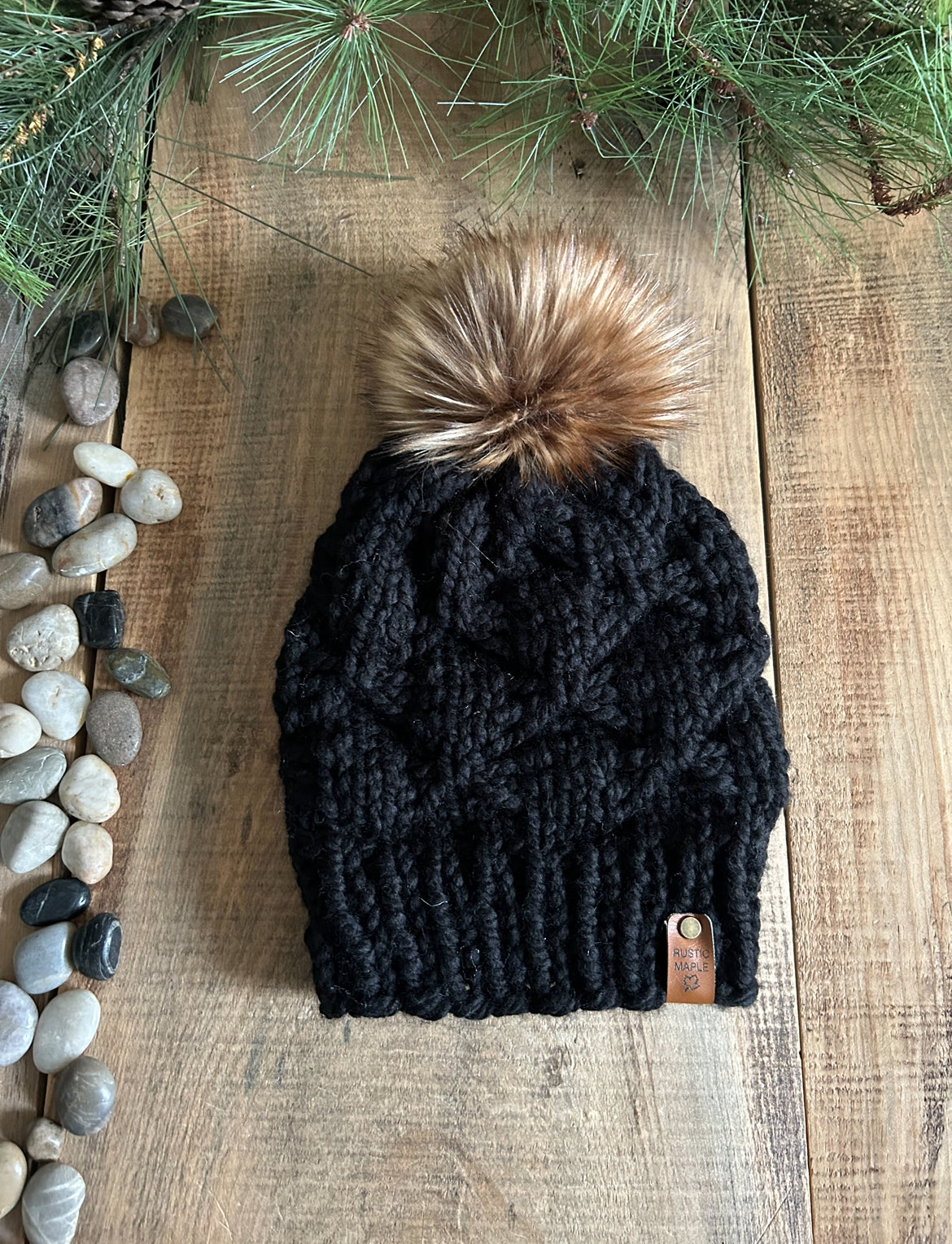 Driftwood Black Ready to Ship Toque with Faux Fur Pompom