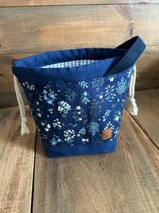 Drawstring Project Bag with Interior Pockets Rifle Paper Co. Strawberry Fields and Navy Duck Cotton Medium