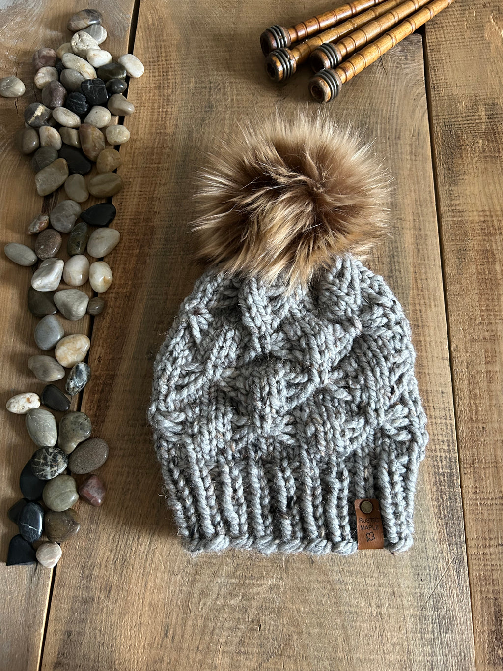 Driftwood Ready to Ship Toque with Faux Fur Pompom Grey Marble