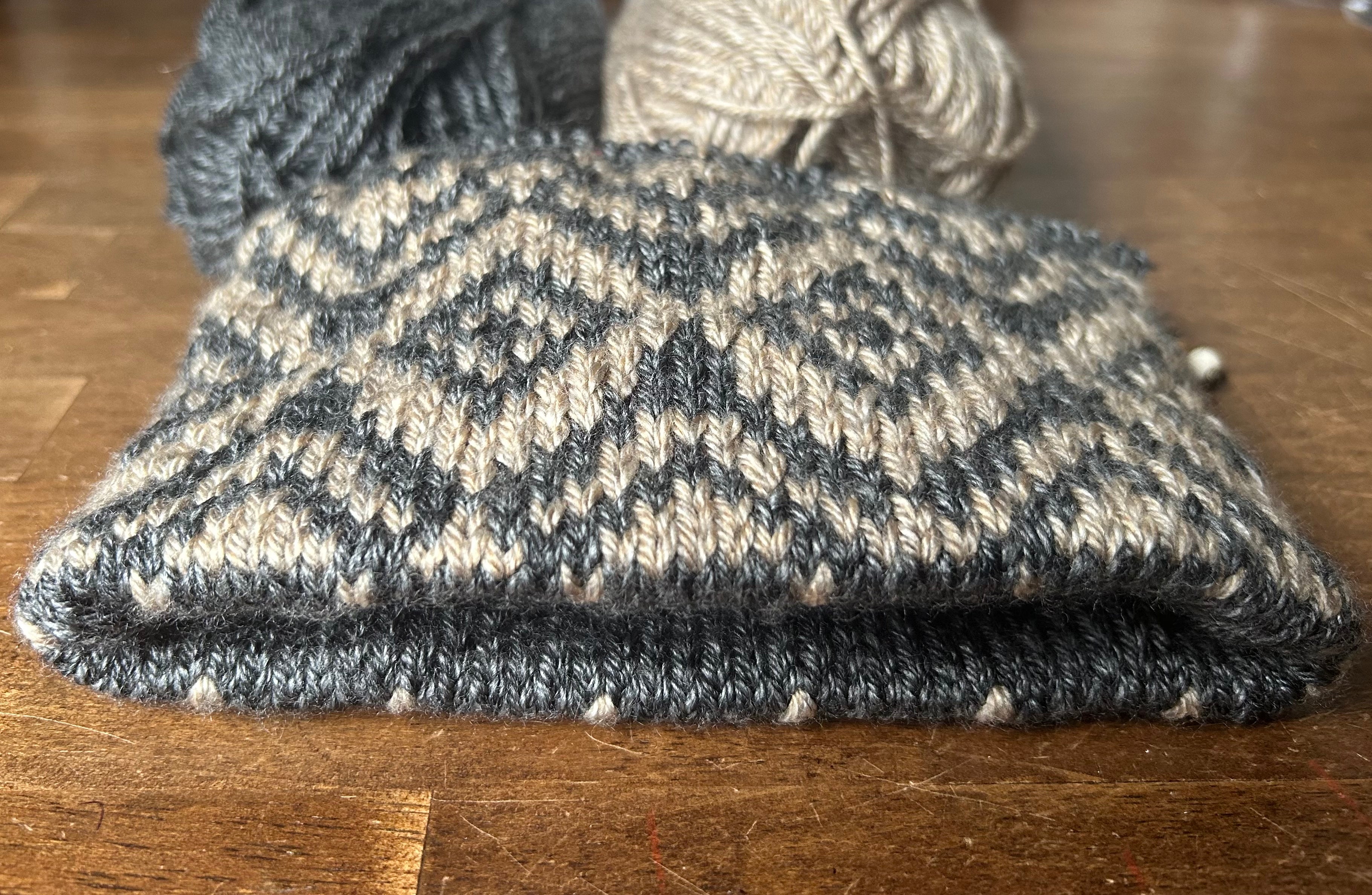 Adventure Knit Hat Vegan Non-wool Double Brim Fair Isle Toque Charcoal and Taupe