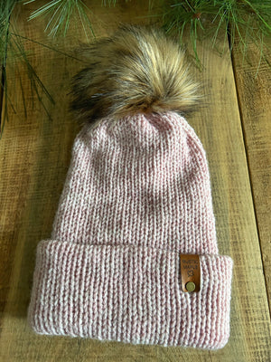 Murphy Point Toque Wool Blend Folded Brim Faux Fur Pom Pink