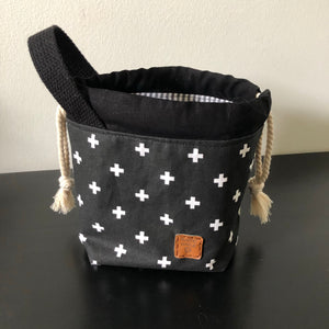 Petite Drawstring Bag Black Swiss Cross with Striped Lining